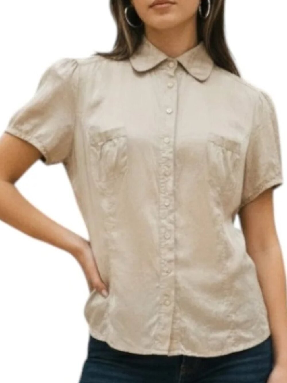 Le Chateau Silk Button Front Blouse Women Medium Champagne Parisian